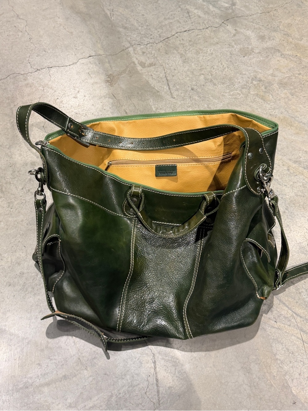 Green Leather Weekender Bag with Yellow Lining from Florence, Italy